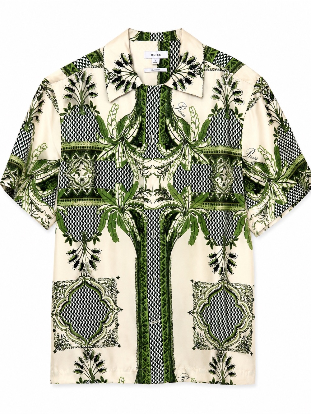 Reiss Cream and Green and Black Palm Print Short-Sleeve Shirt